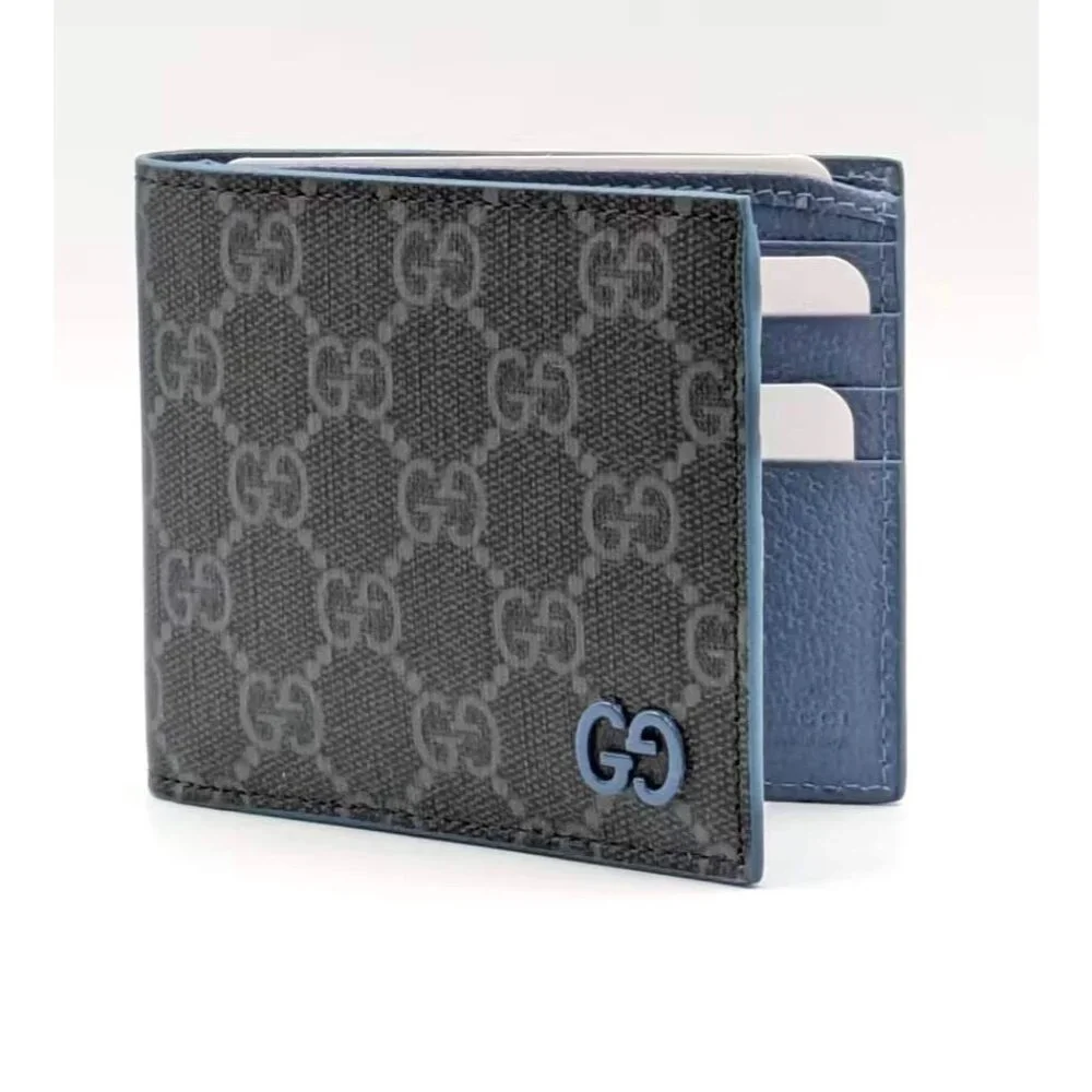 Gucci Black GG Supreme Canvas Bi-Fold Wallet with Blue Double G
